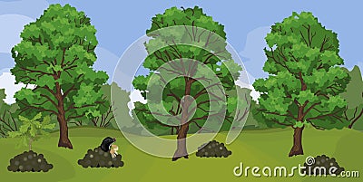 Summer landscape with black mole on molehill and tall oak trees Vector Illustration